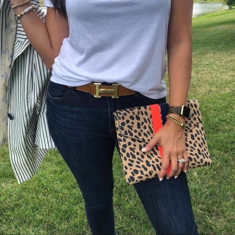 Stella & Dot | Bellamy Graphic Tan+Orange+Black Animal Print Clutch